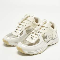 Pre Owned Chanel CC Size 38 White/Cream Patent Leather and PVC Lace Up Sneakers