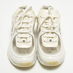 Pre Owned Chanel CC Size 38 White/Cream Patent Leather and PVC Lace Up Sneakers