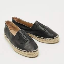 Pre Owned Chanel CC Cap Toe Size 38 Black Leather Espadrille Flats
