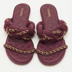 Pre Owned Chanel CC Size 41.5 Burgundy Suede Chain Link Flat Slide Sandals