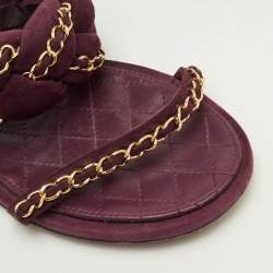 Pre Owned Chanel CC Size 41.5 Burgundy Suede Chain Link Flat Slide Sandals