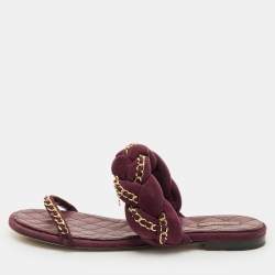 Pre Owned Chanel CC Size 41.5 Burgundy Suede Chain Link Flat Slide Sandals