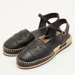 مملوكة مسبقًا Chanel CC Size 41 Black Leather Ankle Strap Espadrille Flats