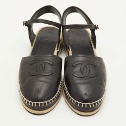 مملوكة مسبقًا Chanel CC Size 41 Black Leather Ankle Strap Espadrille Flats