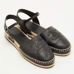 مملوكة مسبقًا Chanel CC Size 41 Black Leather Ankle Strap Espadrille Flats