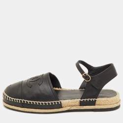 مملوكة مسبقًا Chanel CC Size 41 Black Leather Ankle Strap Espadrille Flats