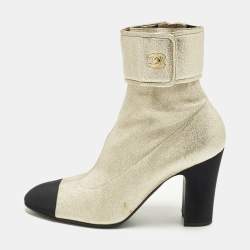 Pre Owned Chanel CC Size 41 Gold/Black Canvas and Leather Ankle Length Boots
