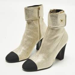 Pre Owned Chanel CC Size 41 Gold/Black Canvas and Leather Ankle Length Boots