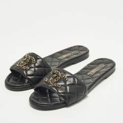 Pre Owned Chanel CC Size 37.5 Black Quilted Leather Chain Detail Flat Slide