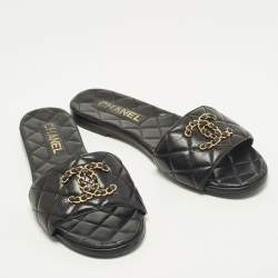 Pre Owned Chanel CC Size 37.5 Black Quilted Leather Chain Detail Flat Slide