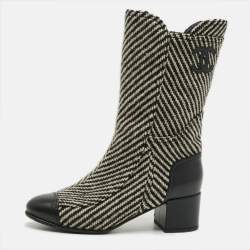 Pre Owned Chanel CC Size 39 Grey/Black Tweed and Leather Mid Calf Boots