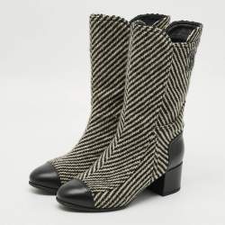 Pre Owned Chanel CC Size 39 Grey/Black Tweed and Leather Mid Calf Boots