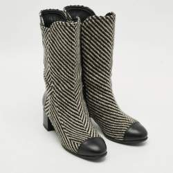 Pre Owned Chanel CC Size 39 Grey/Black Tweed and Leather Mid Calf Boots