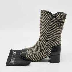 Pre Owned Chanel CC Size 39 Grey/Black Tweed and Leather Mid Calf Boots