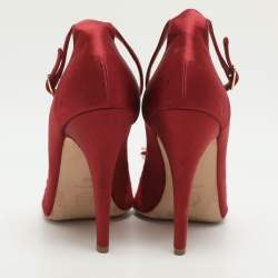 Pre Owned Chanel CC Size 40 Red Lace and Satin Peep Toe Ankle Strap Pumps