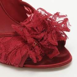 Pre Owned Chanel CC Size 40 Red Lace and Satin Peep Toe Ankle Strap Pumps