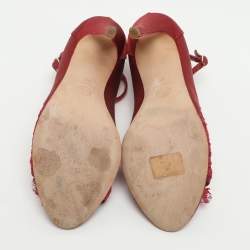 Pre Owned Chanel CC Size 40 Red Lace and Satin Peep Toe Ankle Strap Pumps