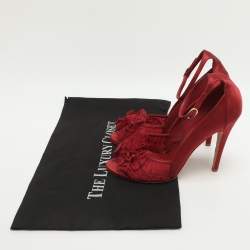 Pre Owned Chanel CC Size 40 Red Lace and Satin Peep Toe Ankle Strap Pumps