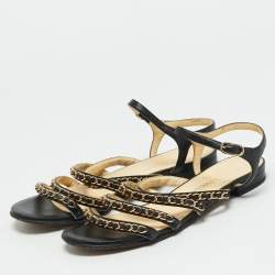 Pre Owned صندل شانيل فلات جلد أسود سي سي حزام كاحل رابط سلسلة مقاس 38