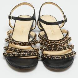 Pre Owned صندل شانيل فلات جلد أسود سي سي حزام كاحل رابط سلسلة مقاس 38