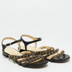 Pre Owned صندل شانيل فلات جلد أسود سي سي حزام كاحل رابط سلسلة مقاس 38