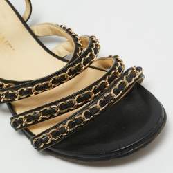 Pre Owned صندل شانيل فلات جلد أسود سي سي حزام كاحل رابط سلسلة مقاس 38