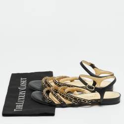 Pre Owned صندل شانيل فلات جلد أسود سي سي حزام كاحل رابط سلسلة مقاس 38