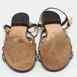 Pre Owned صندل شانيل فلات جلد أسود سي سي حزام كاحل رابط سلسلة مقاس 38