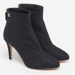 مملوكة مسبقًا Chanel CC Size 38.5 Black Lurex Fabric Ankle Length Boots