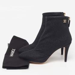 مملوكة مسبقًا Chanel CC Size 38.5 Black Lurex Fabric Ankle Length Boots