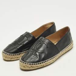 Pre Owned Chanel CC Size 37 Black Leather Cap Toe Espadrille Flats