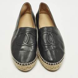 Pre Owned Chanel CC Size 37 Black Leather Cap Toe Espadrille Flats