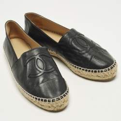 Pre Owned Chanel CC Size 37 Black Leather Cap Toe Espadrille Flats