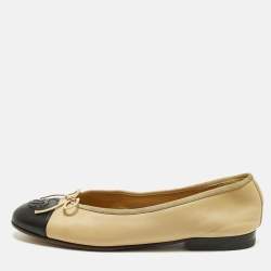 Pre Owned Chanel CC Size 36.5 Beige Leather Bow Cap Toe Ballet Flats