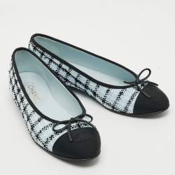 Pre Owned Chanel CC Size 40.5 Blue/Black Tweed and Grosgrain Cap Toe Bow Ballet Flats