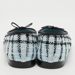 Pre Owned Chanel CC Size 40.5 Blue/Black Tweed and Grosgrain Cap Toe Bow Ballet Flats