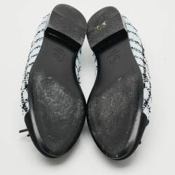 Pre Owned Chanel CC Size 40.5 Blue/Black Tweed and Grosgrain Cap Toe Bow Ballet Flats