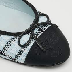 Pre Owned Chanel CC Size 40.5 Blue/Black Tweed and Grosgrain Cap Toe Bow Ballet Flats