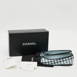 Pre Owned Chanel CC Size 40.5 Blue/Black Tweed and Grosgrain Cap Toe Bow Ballet Flats