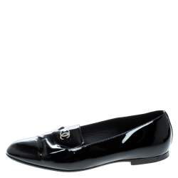 Pre Owned Chanel Black Patent Leather CC Smoking Slippers Size 38 