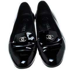 Pre Owned Chanel Black Patent Leather CC Smoking Slippers Size 38 