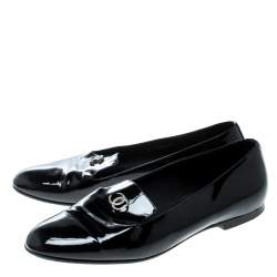 Pre Owned Chanel Black Patent Leather CC Smoking Slippers Size 38 