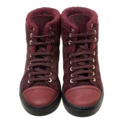 Pre Owned Chanel Burgundy Suede With Wool Trim CC High Top Sneakers Size 38