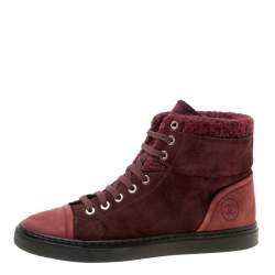 Pre Owned Chanel Burgundy Suede With Wool Trim CC High Top Sneakers Size 38