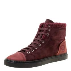 Pre Owned Chanel Burgundy Suede With Wool Trim CC High Top Sneakers Size 38