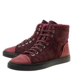 Pre Owned Chanel Burgundy Suede With Wool Trim CC High Top Sneakers Size 38