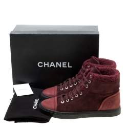 Pre Owned Chanel Burgundy Suede With Wool Trim CC High Top Sneakers Size 38