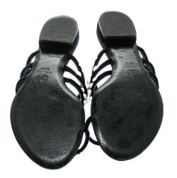 Chanel Navy Blue Velvet Faux Pearl Embellished Flat Strappy Slides Size 38.5