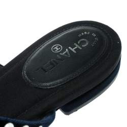 Chanel Navy Blue Velvet Faux Pearl Embellished Flat Strappy Slides Size 38.5