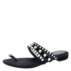 Chanel Navy Blue Velvet Faux Pearl Embellished Flat Strappy Slides Size 38.5